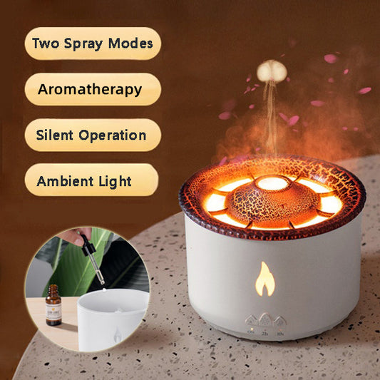 Volcano Flame Aroma Diffuser – Ultrasonic Essential Oil Humidifier with Jellyfish Mist Spray & LED Atmosphere Light