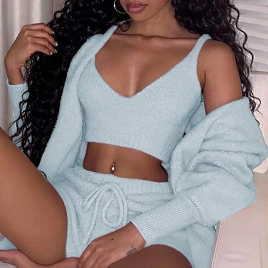 3PCS Women's Long Sleeve Crop Tank Top & Drawstring Shorts Pajama Set | Soft Lounge Sleepwear Set for Women UK