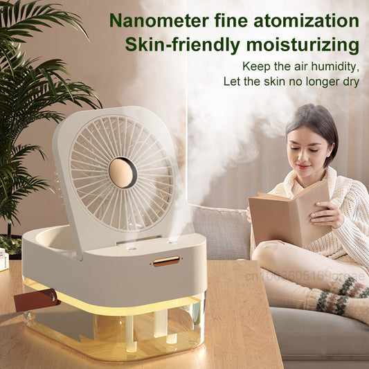 Portable Mist Spray Fan – USB Rechargeable Air Cooler Humidifier Fan with Night Light for Summer Home & Office