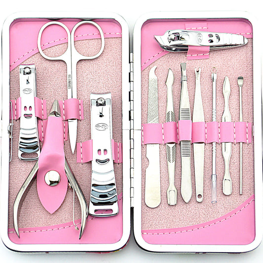12-Piece Stainless Steel Manicure Set – Pink Floral Nail Care Kit