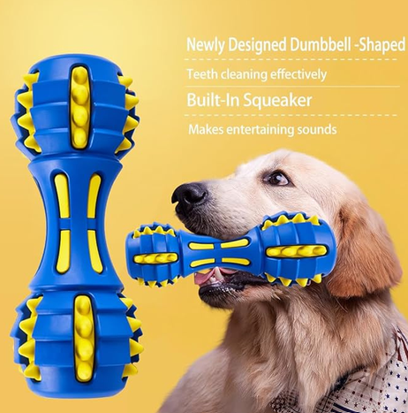 TUGME Teething Dog Toys, Durable Squeaky Dog Toys, Rubber Chew Toys for Dogs, Dumbbell Shape, Blue