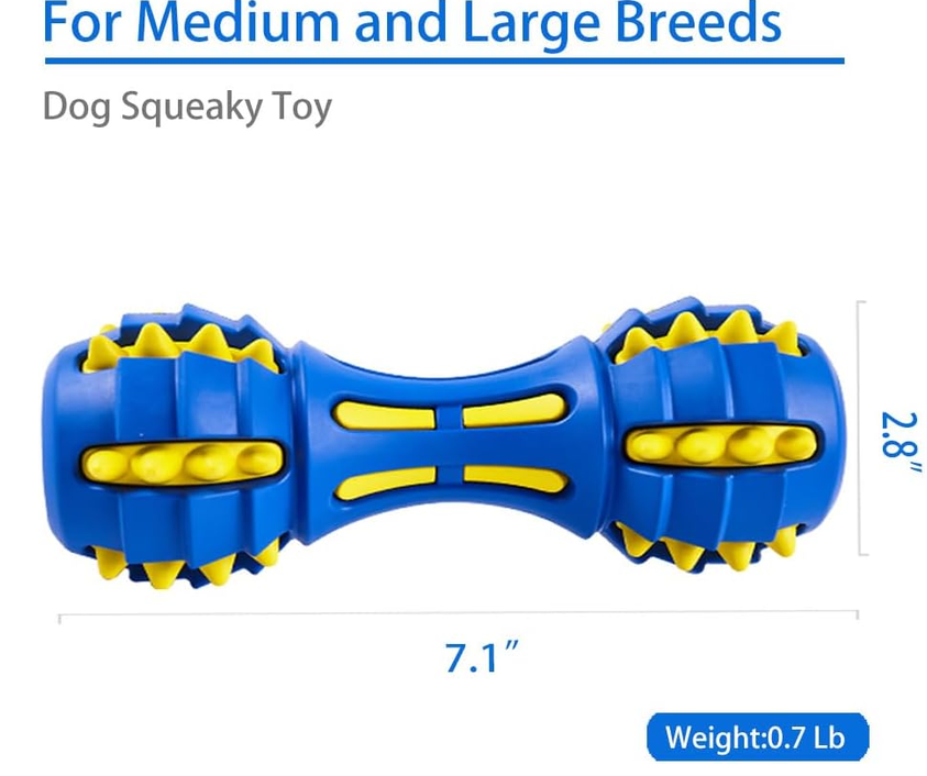 TUGME Teething Dog Toys, Durable Squeaky Dog Toys, Rubber Chew Toys for Dogs, Dumbbell Shape, Blue