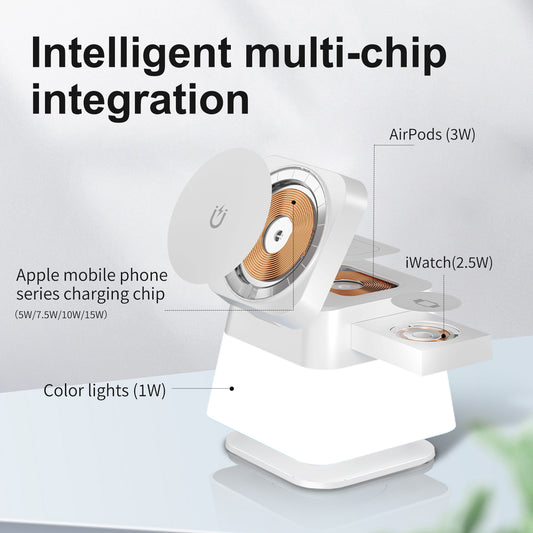 4-in-1 Magnetic Wireless Charging Station with Rotating RGB Light – Fast Charging Stand for iPhone, AirPods & Apple Watch