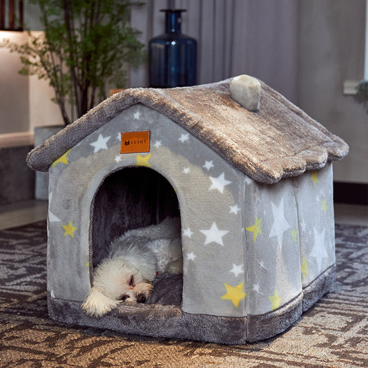 Foldable Enclosed Pet House – Warm Plush Bed for Dogs & Cats
